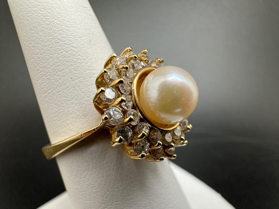 10K Gold Cultured Pearl (7mm) Ring with CZ Accents 4.6g Size 7 FMV $300 Retail $600 [Photo 5]