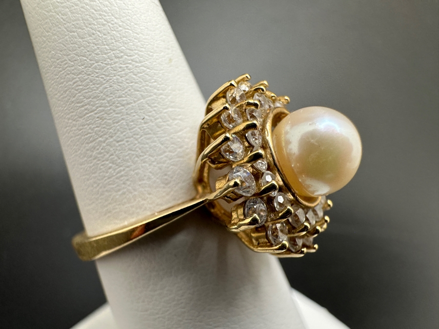 10K Gold Cultured Pearl (7mm) Ring with CZ Accents 4.6g Size 7 FMV $300 Retail $600 [Photo 6]