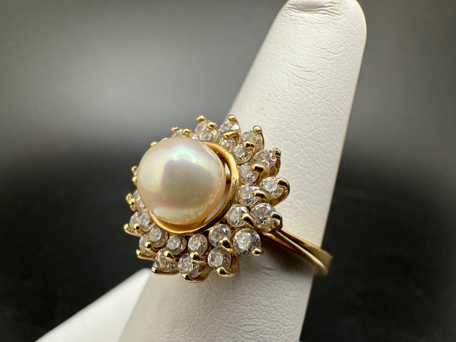 10K Gold Cultured Pearl (7mm) Ring with CZ Accents 4.6g Size 7 FMV $300 Retail $600 [Photo 10]
