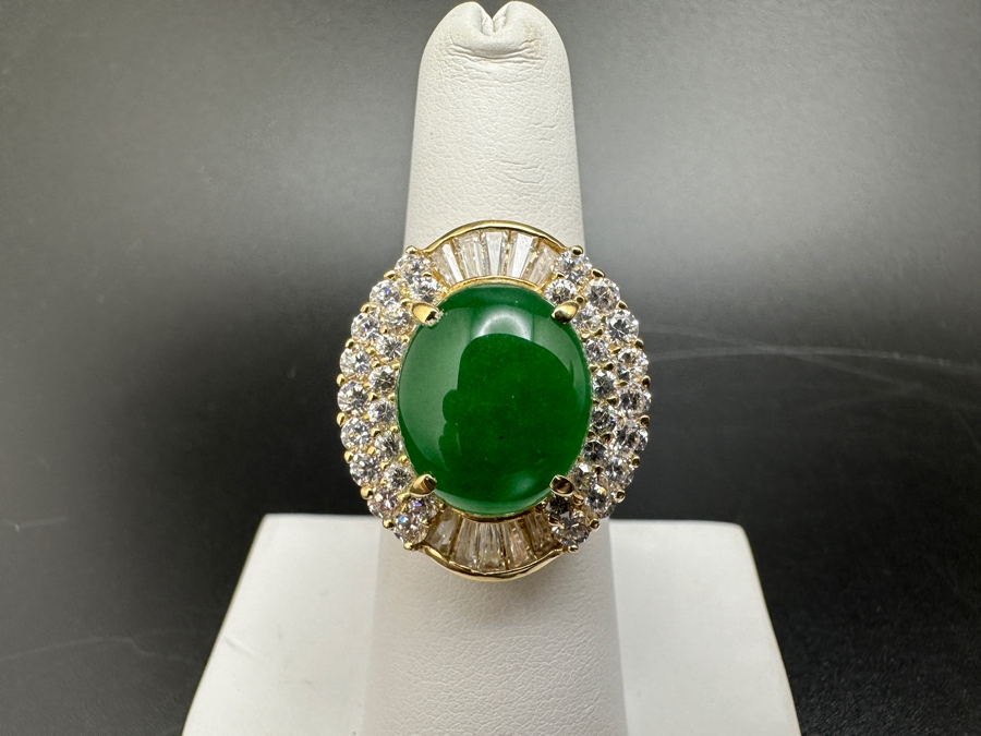 14K Gold 14 X 12mm Chrysoprase Ring with CZ Accents 11.1g Size 7 FMV $750 Retail. $1,500 [Photo 2]