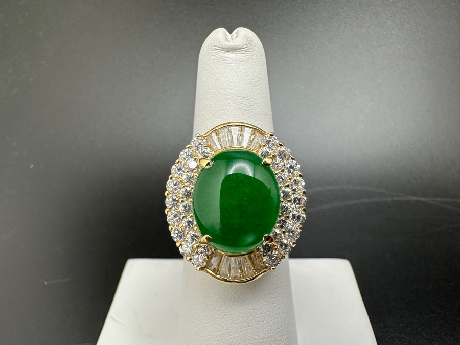 14K Gold 14 X 12mm Chrysoprase Ring with CZ Accents 11.1g Size 7 FMV $750 Retail. $1,500 [Photo 4]