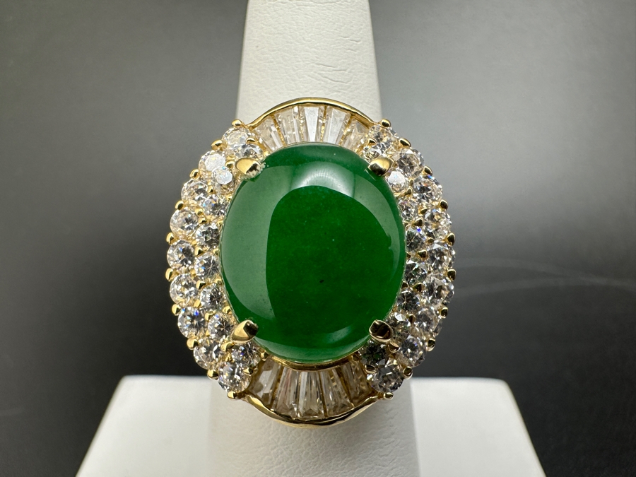 14K Gold 14 X 12mm Chrysoprase Ring with CZ Accents 11.1g Size 7 FMV $750 Retail. $1,500 [Photo 3]