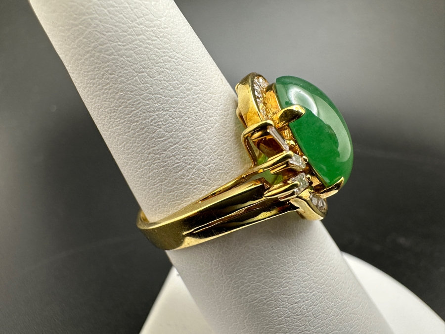 14K Gold Green Jade (13x10mm Cabochon) and Diamond Ring 6.4g ～.65 cttw Diamonds SI²-SI³ Size 6.5 FMV $750 Retail $1,500 [Photo 6]
