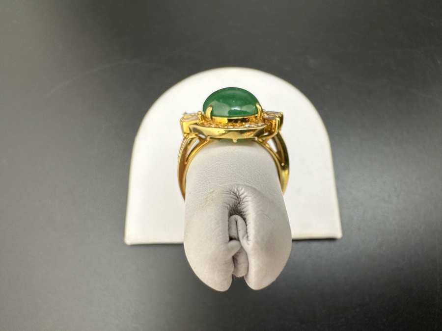 14K Gold Green Jade (13x10mm Cabochon) and Diamond Ring 6.4g ～.65 cttw Diamonds SI²-SI³ Size 6.5 FMV $750 Retail $1,500 [Photo 7]