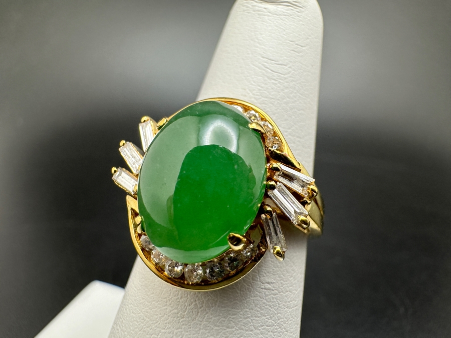 14K Gold Green Jade (13x10mm Cabochon) and Diamond Ring 6.4g ～.65 cttw Diamonds SI²-SI³ Size 6.5 FMV $750 Retail $1,500 [Photo 9]