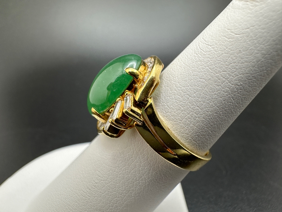 14K Gold Green Jade (13x10mm Cabochon) and Diamond Ring 6.4g ～.65 cttw Diamonds SI²-SI³ Size 6.5 FMV $750 Retail $1,500 [Photo 8]