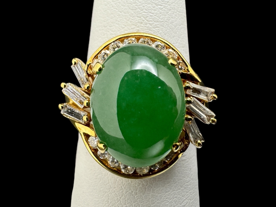 14K Gold Green Jade (13x10mm Cabochon) and Diamond Ring 6.4g ～.65 cttw Diamonds SI²-SI³ Size 6.5 FMV $750 Retail $1,500 [Photo 1]