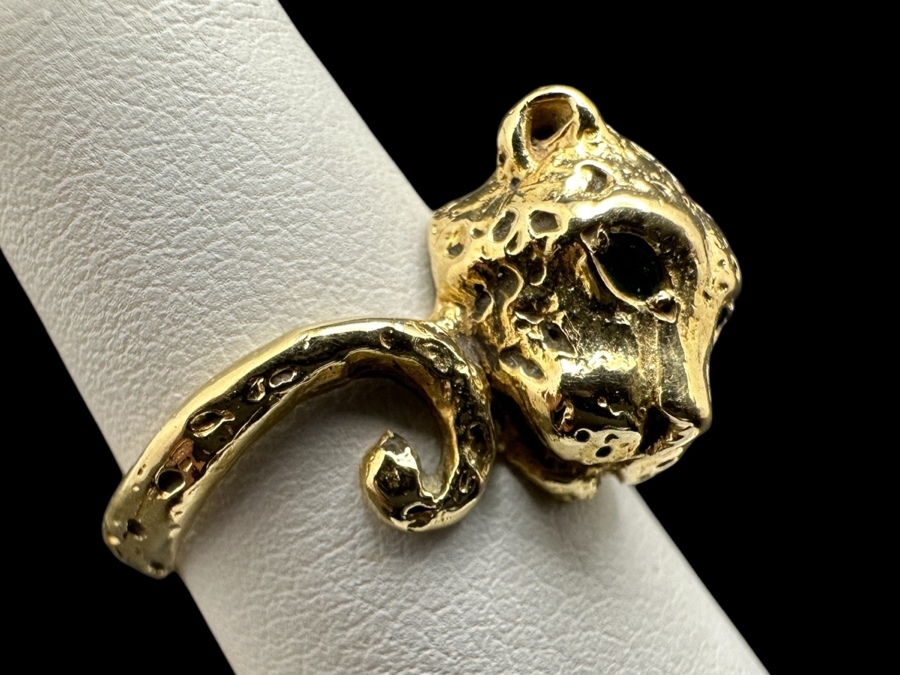 14K Gold Cheetah Ring with Emerald Eyes 5.5g Size 4 FMV $500 Retail $1,000 [Photo 1]