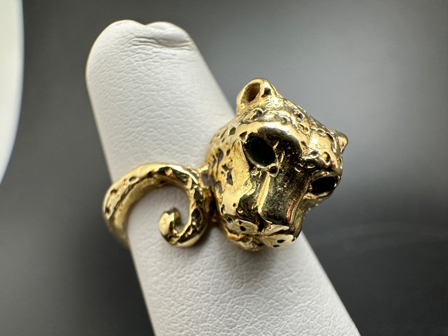 14K Gold Cheetah Ring with Emerald Eyes 5.5g Size 4 FMV $500 Retail $1,000 [Photo 4]