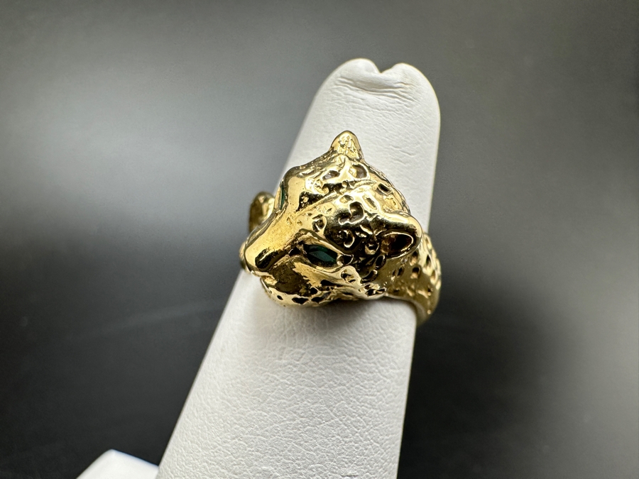 14K Gold Cheetah Ring with Emerald Eyes 5.5g Size 4 FMV $500 Retail $1,000 [Photo 9]