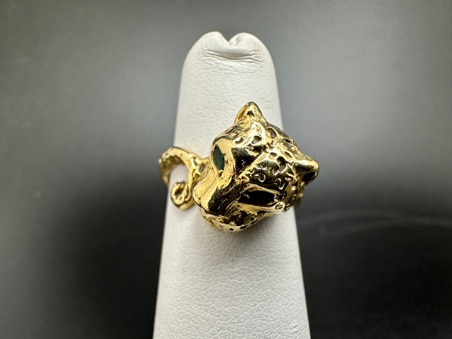 14K Gold Cheetah Ring with Emerald Eyes 5.5g Size 4 FMV $500 Retail $1,000 [Photo 2]