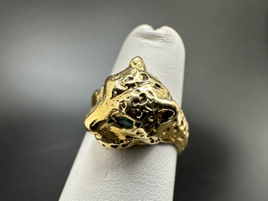 14K Gold Cheetah Ring with Emerald Eyes 5.5g Size 4 FMV $500 Retail $1,000 [Photo 10]