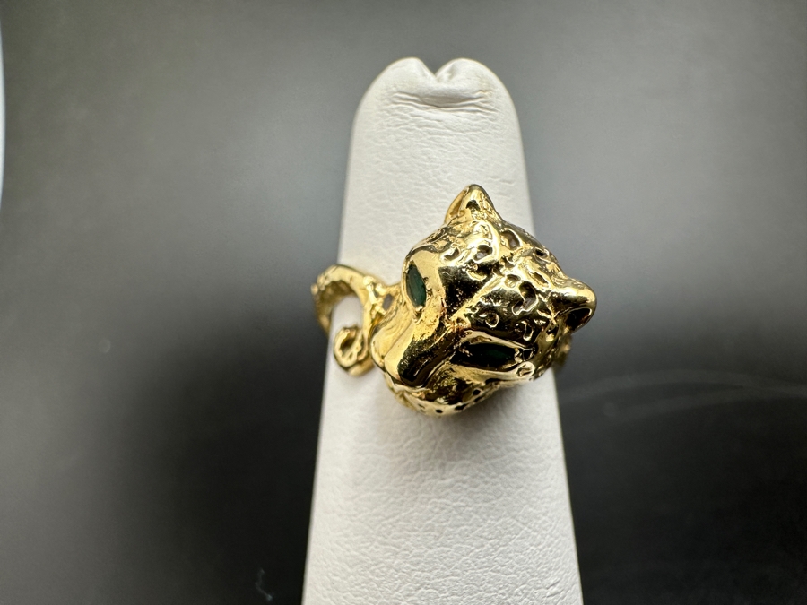 14K Gold Cheetah Ring with Emerald Eyes 5.5g Size 4 FMV $500 Retail $1,000 [Photo 3]