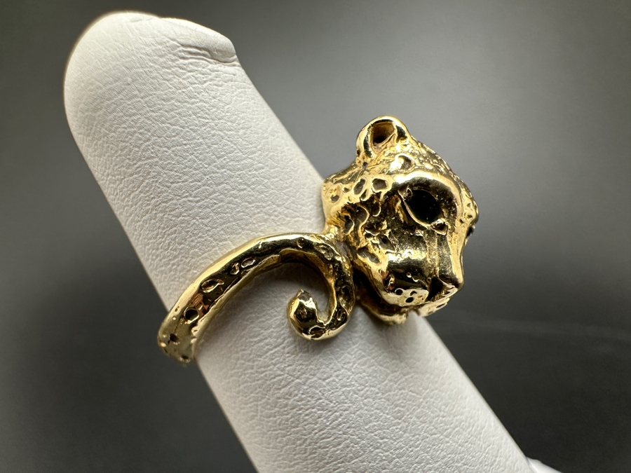 14K Gold Cheetah Ring with Emerald Eyes 5.5g Size 4 FMV $500 Retail $1,000 [Photo 6]