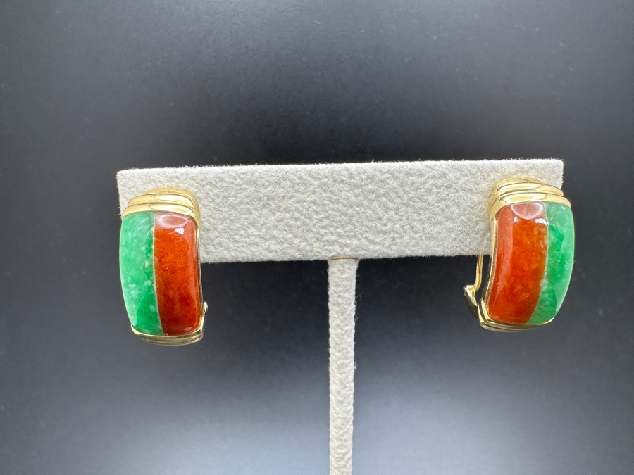 14K Gold Jade and Jasper Earrings 10.6g FMV $350 Retail $700 [Photo 3]