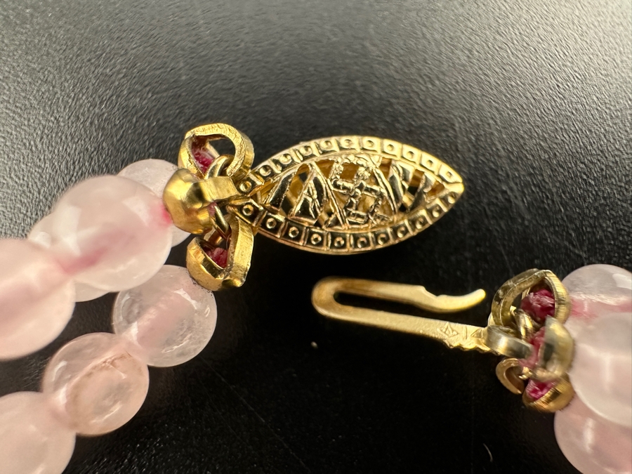 Triple Strand Rose Quartz and Pearl Necklace with 14K Gold Beads and Clasp 17.5'L  [Photo 4]