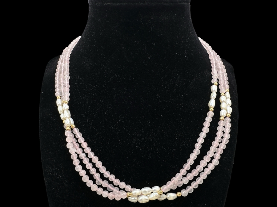 Triple Strand Rose Quartz and Pearl Necklace with 14K Gold Beads and Clasp 17.5'L 