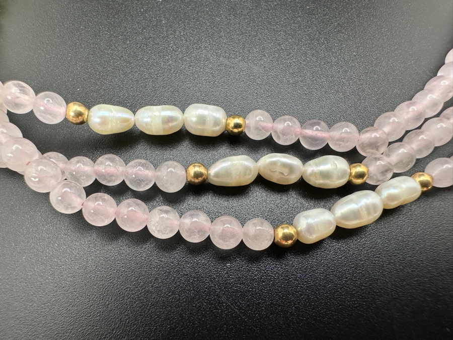 Triple Strand Rose Quartz and Pearl Necklace with 14K Gold Beads and Clasp 17.5'L  [Photo 2]