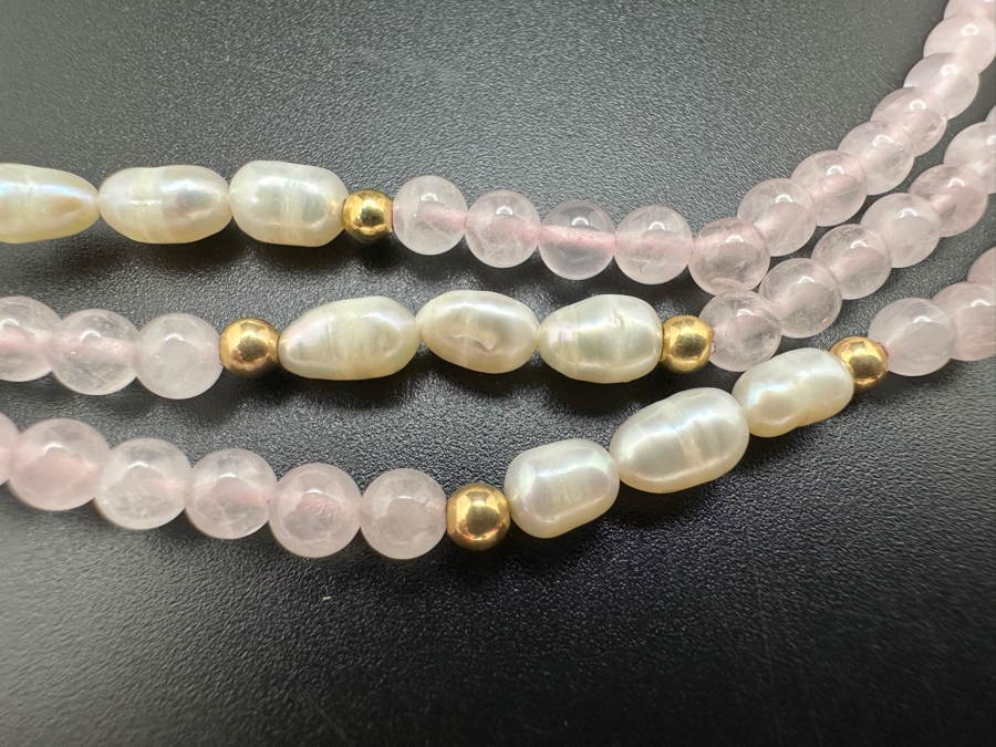 Triple Strand Rose Quartz and Pearl Necklace with 14K Gold Beads and Clasp 17.5'L  [Photo 3]