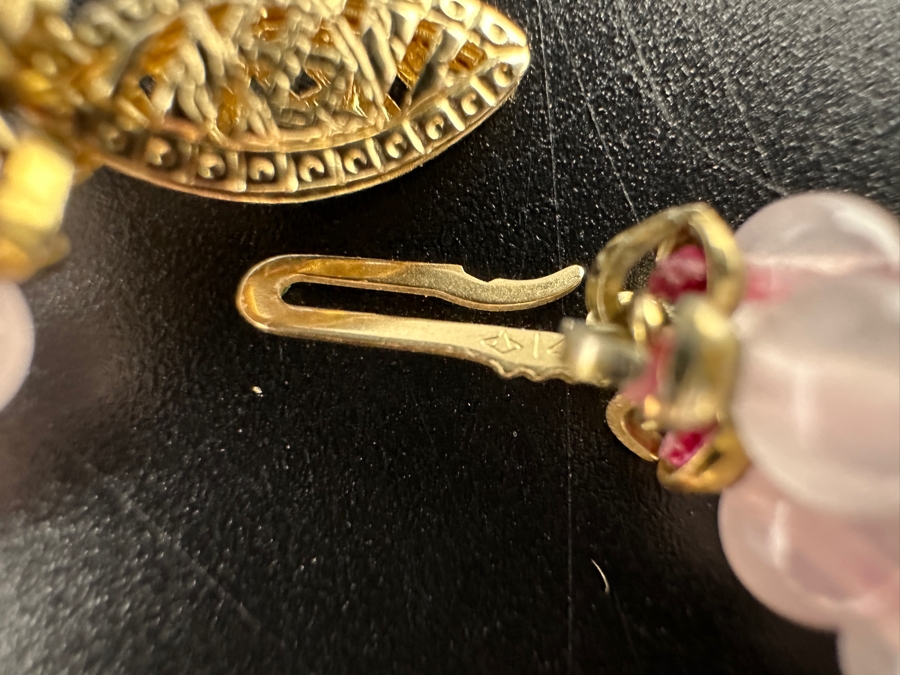 Triple Strand Rose Quartz and Pearl Necklace with 14K Gold Beads and Clasp 17.5'L  [Photo 5]