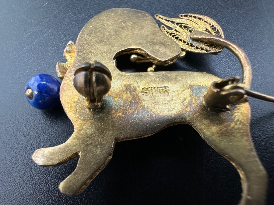 Sterling Silver Filigree Dog Brooch Pin with Stone Accents 5.7g [Photo 4]