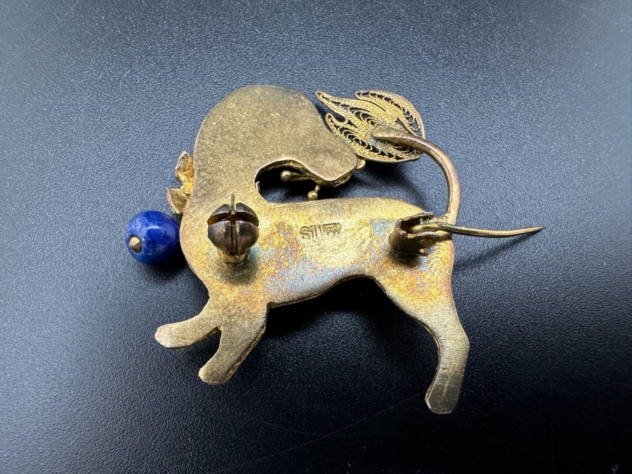 Sterling Silver Filigree Dog Brooch Pin with Stone Accents 5.7g [Photo 3]