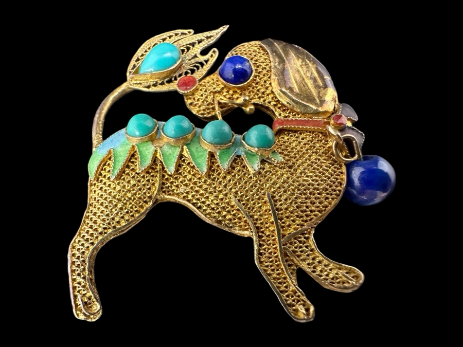 Sterling Silver Filigree Dog Brooch Pin with Stone Accents 5.7g [Photo 1]