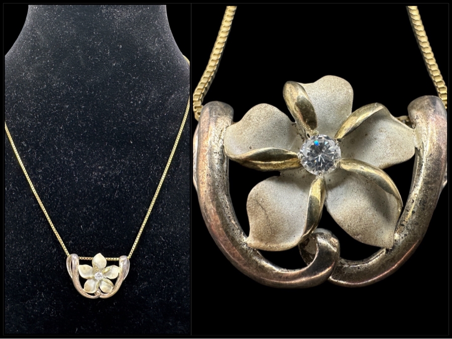 18' Sterling Silver Plumeria CZ Necklace 6.2g [Photo 1]