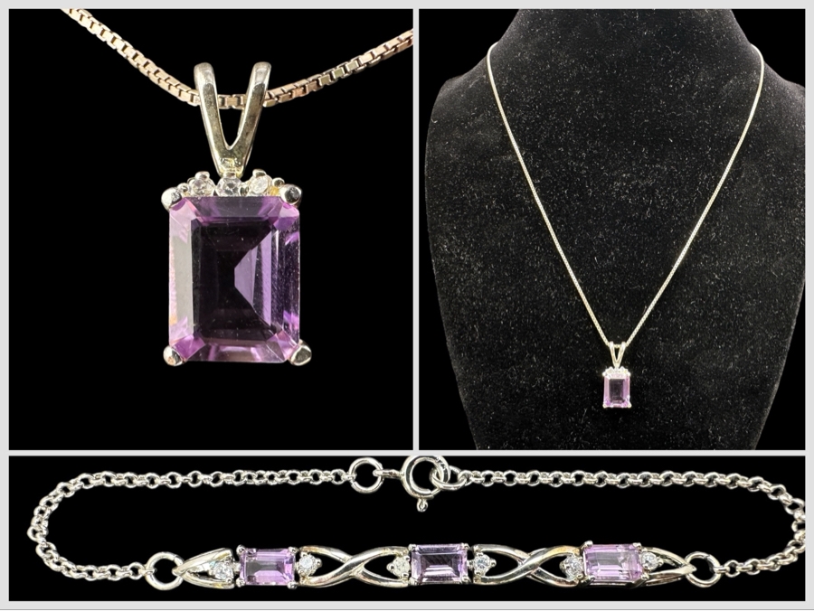 18' Sterling Silver Necklace with Amethyst Pendant and 7.75' Amethyst CZ Bracelet 7.7g [Photo 1]