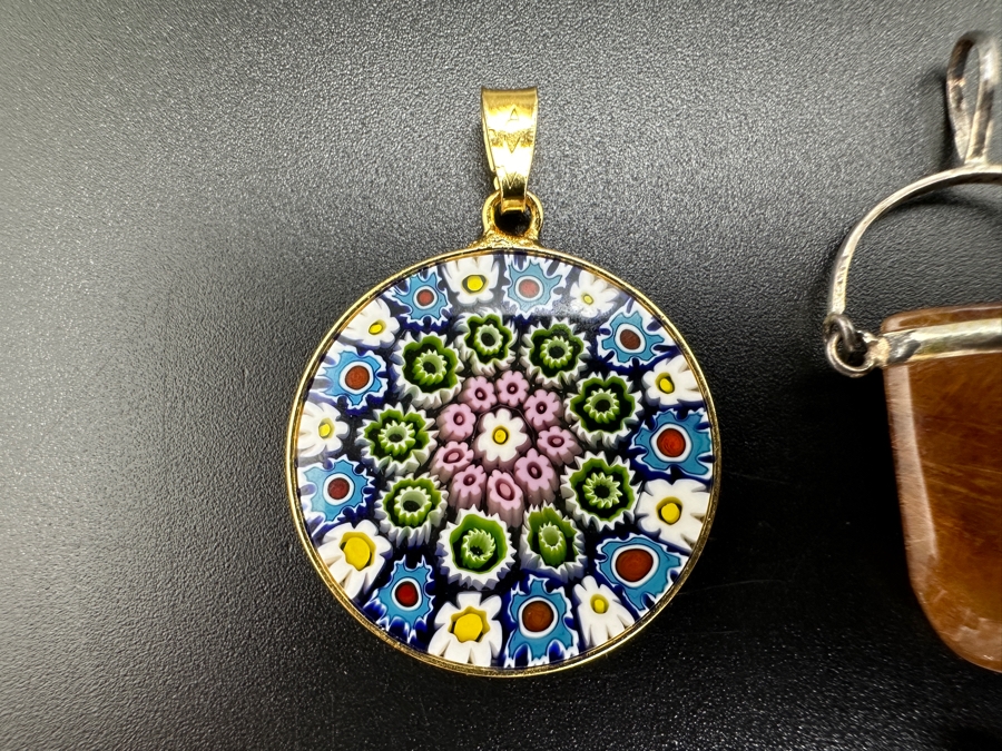 Set of (4) Sterling Silver Pendants: Murano Glass, Red Rutilated Quartz, CZ Quatrefoil and CZ Plumeria 12g [Photo 4]