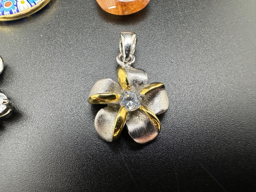 Set of (4) Sterling Silver Pendants: Murano Glass, Red Rutilated Quartz, CZ Quatrefoil and CZ Plumeria 12g [Photo 3]