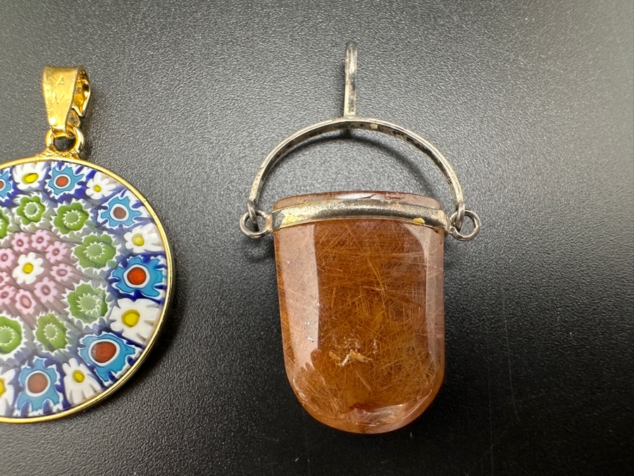 Set of (4) Sterling Silver Pendants: Murano Glass, Red Rutilated Quartz, CZ Quatrefoil and CZ Plumeria 12g [Photo 5]