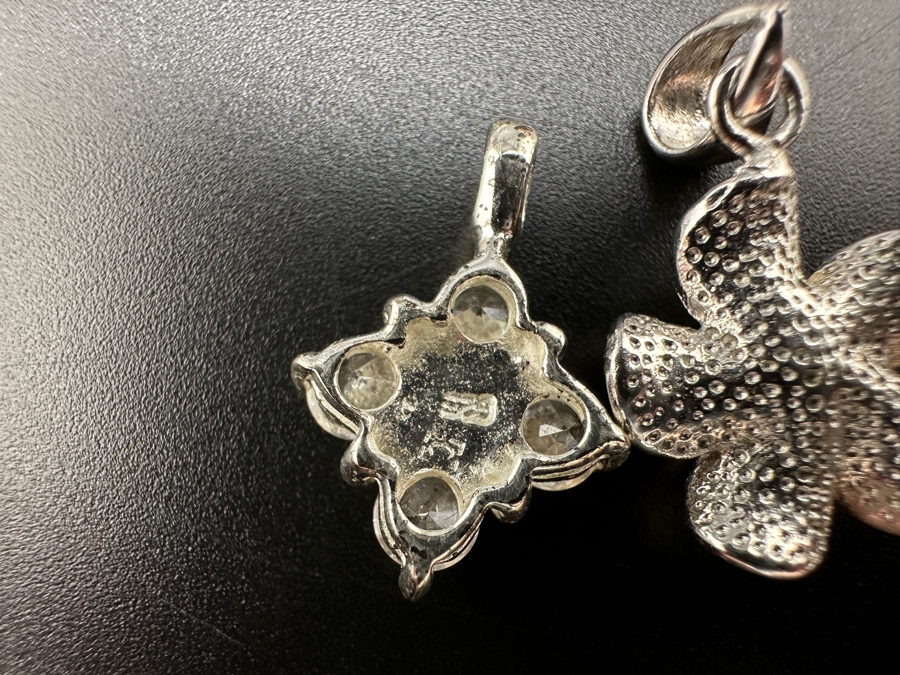 Set of (4) Sterling Silver Pendants: Murano Glass, Red Rutilated Quartz, CZ Quatrefoil and CZ Plumeria 12g [Photo 6]