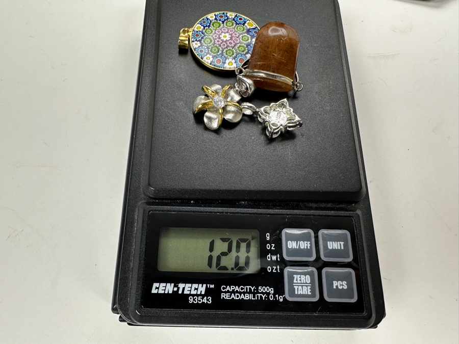 Set of (4) Sterling Silver Pendants: Murano Glass, Red Rutilated Quartz, CZ Quatrefoil and CZ Plumeria 12g [Photo 9]