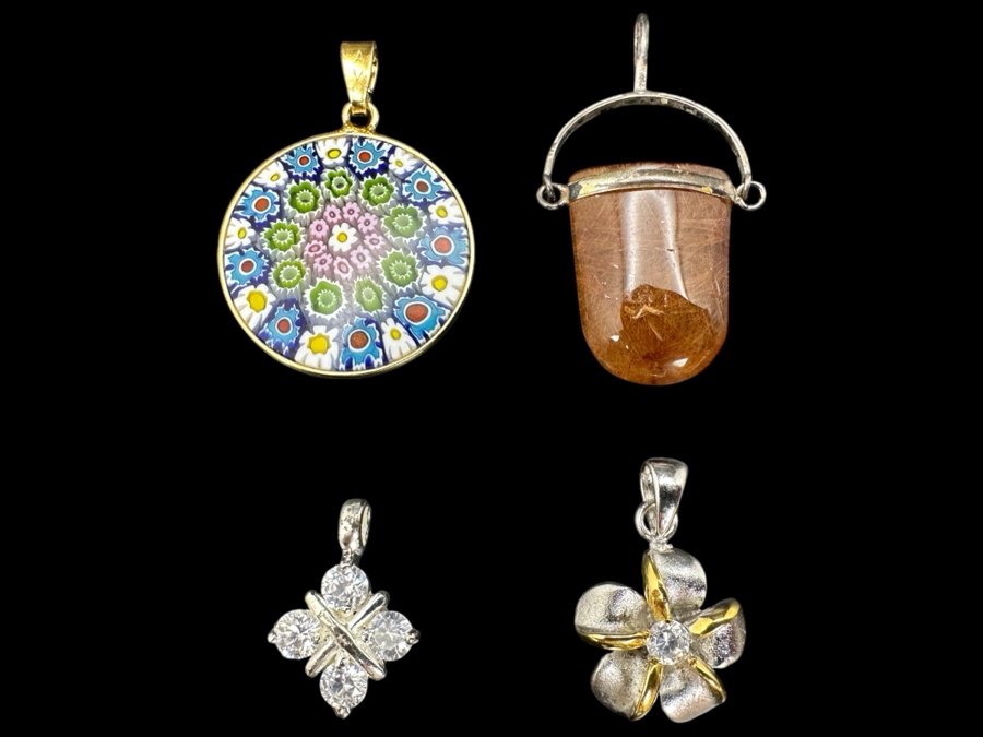 Set of (4) Sterling Silver Pendants: Murano Glass, Red Rutilated Quartz, CZ Quatrefoil and CZ Plumeria 12g [Photo 1]