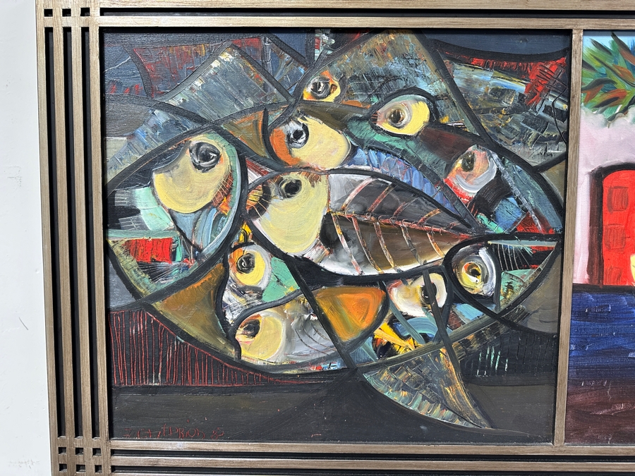 Juan Centurion Original Pair Of Framed Paintings On Canvas Titled 'Fish' And 'Portrait' Dated 1985 Each Measuring 23 X 21 Frame Measures 53 X 27.5 [Photo 2]