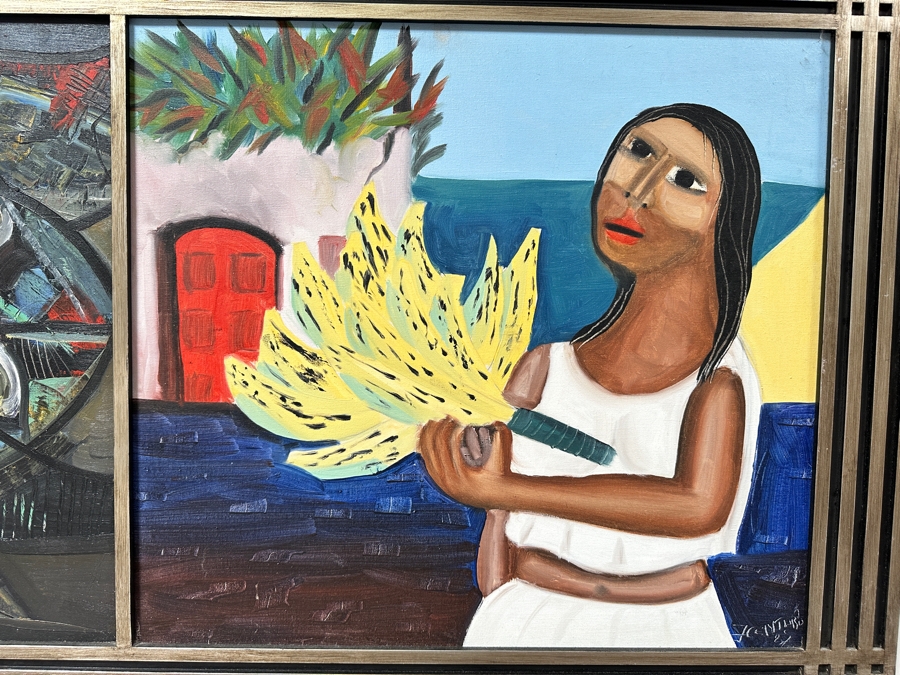 Juan Centurion Original Pair Of Framed Paintings On Canvas Titled 'Fish' And 'Portrait' Dated 1985 Each Measuring 23 X 21 Frame Measures 53 X 27.5 [Photo 9]