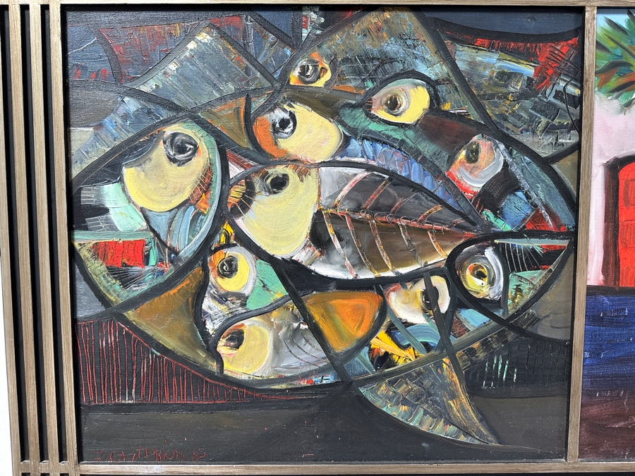 Juan Centurion Original Pair Of Framed Paintings On Canvas Titled 'Fish' And 'Portrait' Dated 1985 Each Measuring 23 X 21 Frame Measures 53 X 27.5 [Photo 3]