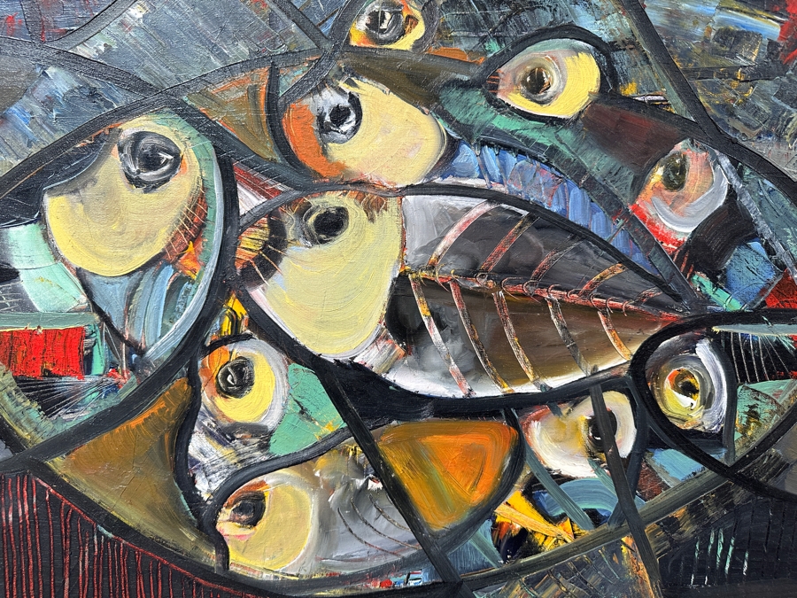 Juan Centurion Original Pair Of Framed Paintings On Canvas Titled 'Fish' And 'Portrait' Dated 1985 Each Measuring 23 X 21 Frame Measures 53 X 27.5 [Photo 4]