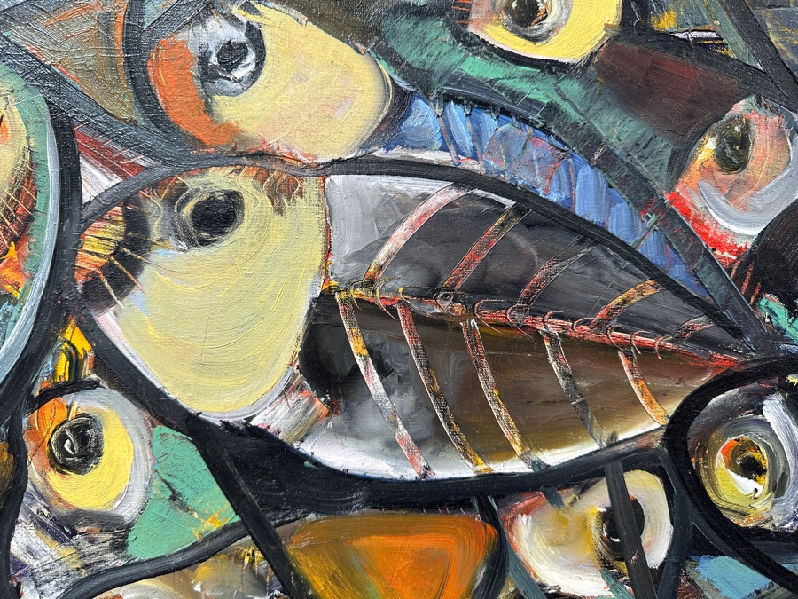 Juan Centurion Original Pair Of Framed Paintings On Canvas Titled 'Fish' And 'Portrait' Dated 1985 Each Measuring 23 X 21 Frame Measures 53 X 27.5 [Photo 5]