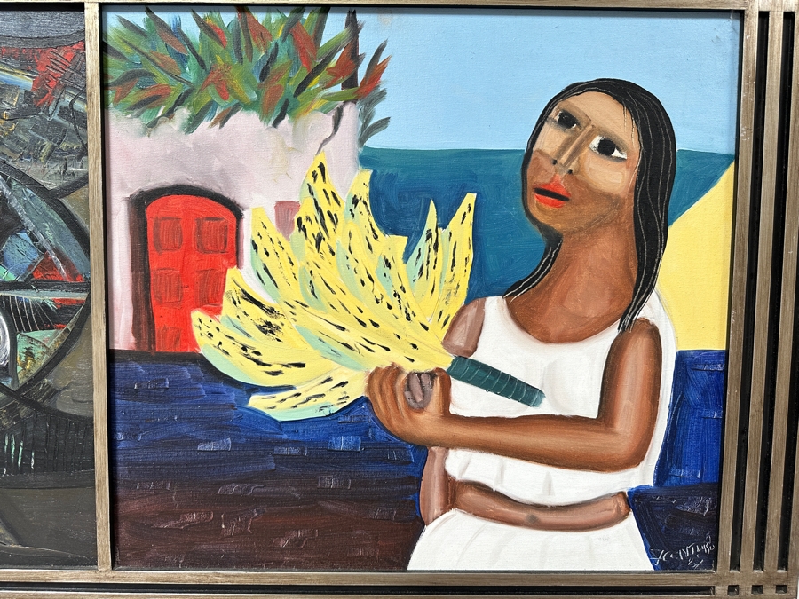 Juan Centurion Original Pair Of Framed Paintings On Canvas Titled 'Fish' And 'Portrait' Dated 1985 Each Measuring 23 X 21 Frame Measures 53 X 27.5 [Photo 8]