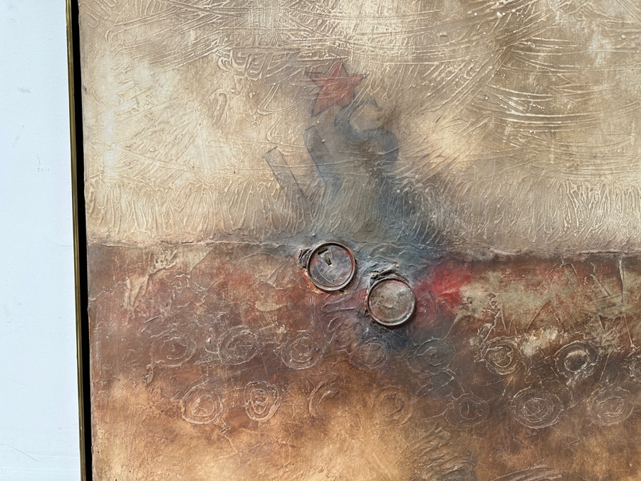 Attributed To Jorge B Stever (1940-2019, Germany) Original Mixed Media Painting Incorporating Crushed Steel Soda Cans On Canvas Signed Lower Right Jorge 36 X 48 Framed [Photo 2]