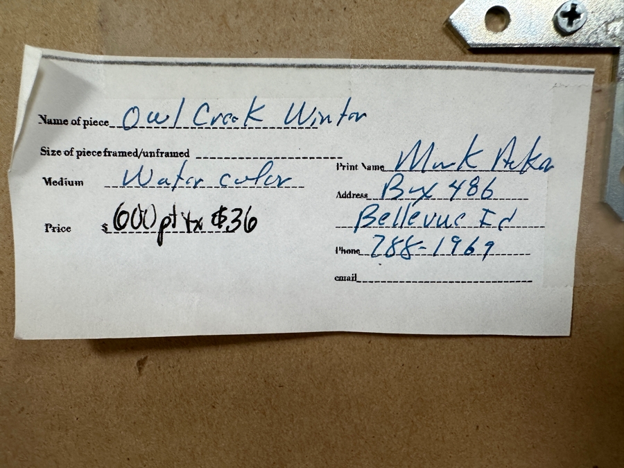 Mark Acker Original Watercolor Painting On Paper Titled 'Owl Creek - Winter' Artist Signed Lower Right 21 X 14 Framed 29.5 X 22.5 Retails $600 [Photo 15]