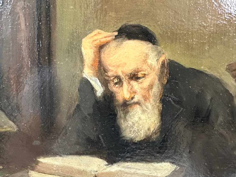 Antique Original Rabbi Reading Oil Painting On Board Signed Upper Right By Artist - Artist Unknown 8.5 X 6 Framed 13.5 X 11.5 [Photo 4]