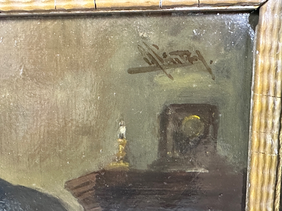 Antique Original Rabbi Reading Oil Painting On Board Signed Upper Right By Artist - Artist Unknown 8.5 X 6 Framed 13.5 X 11.5 [Photo 9]