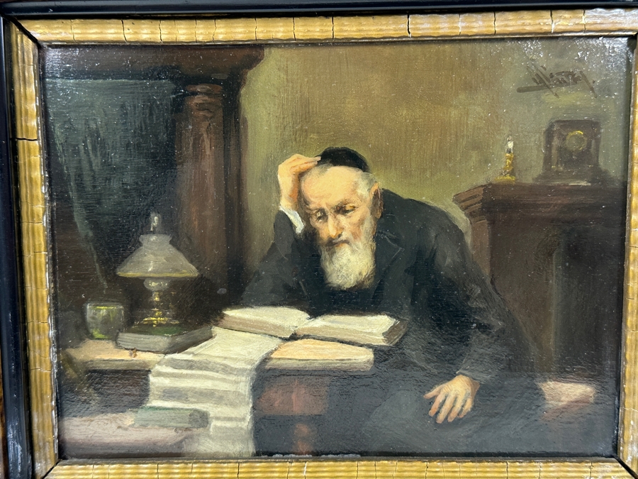 Antique Original Rabbi Reading Oil Painting On Board Signed Upper Right By Artist - Artist Unknown 8.5 X 6 Framed 13.5 X 11.5 [Photo 3]