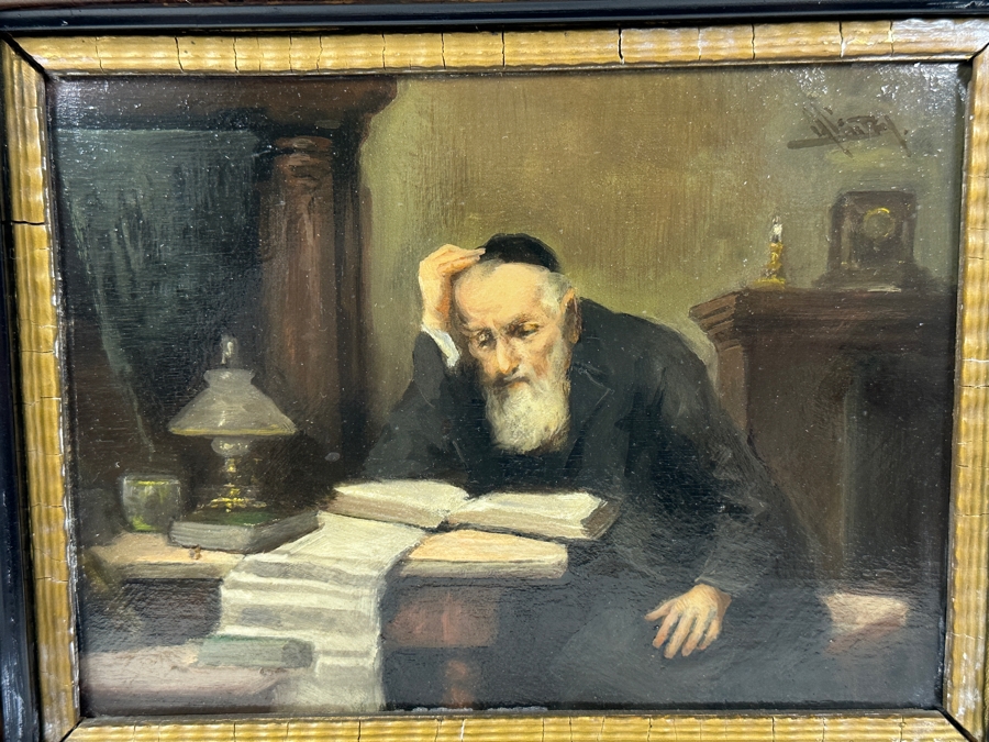 Antique Original Rabbi Reading Oil Painting On Board Signed Upper Right By Artist - Artist Unknown 8.5 X 6 Framed 13.5 X 11.5 [Photo 2]