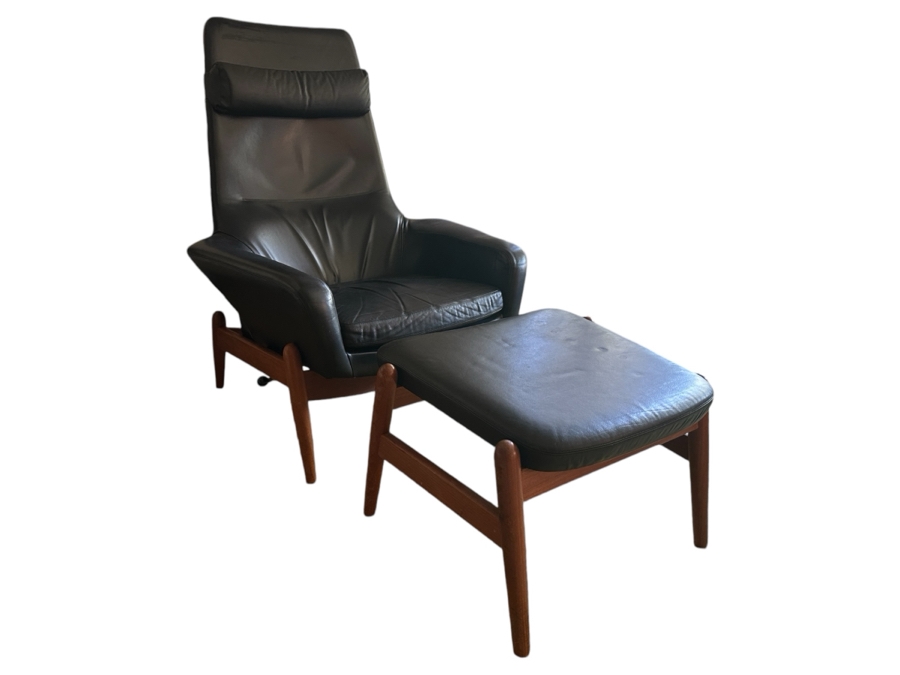 Vintage Mid-Century Modern Arnold Madsen Easy Chair With Matching Stool Ottoman Model MS 30 Danish Teak / Leather Made By Madsen & Schubell Estimate $10,000-$15,000