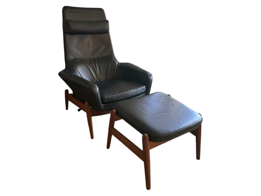Vintage Mid-Century Modern Arnold Madsen Easy Chair With Matching Stool Ottoman Model MS 30 Danish Teak / Leather Made By Madsen & Schubell Estimate $10,000-$15,000 [Photo 2]