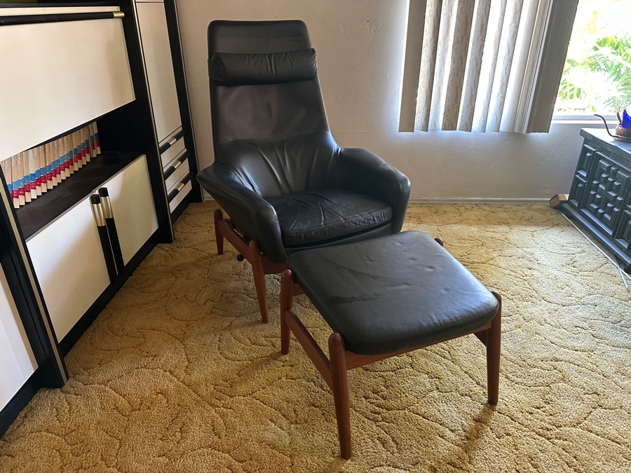 Vintage Mid-Century Modern Arnold Madsen Easy Chair With Matching Stool Ottoman Model MS 30 Danish Teak / Leather Made By Madsen & Schubell Estimate $10,000-$15,000 [Photo 6]